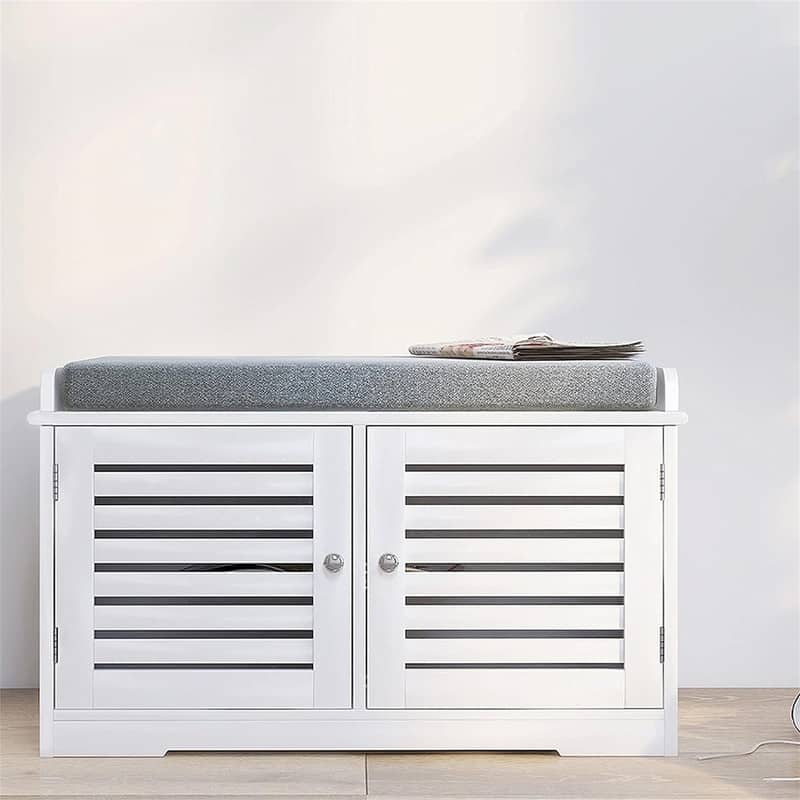 Shoe Storage Benches White Shoe Rack Bench with 2 Doors - 13.78"D x 27.76"W x 16.93"H - White+grey - 13.78"D x 27.76"W x 16.93"H
