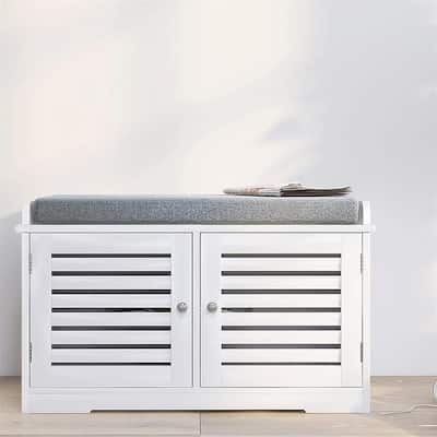 Shoe Storage Benches White Shoe Rack Bench with 2 Doors - 13.78"D x 27.76"W x 16.93"H