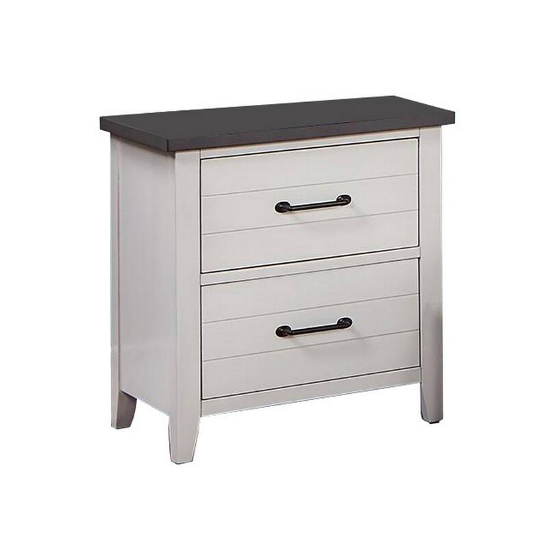Akira 24 Inch Nightstand, 2 Drawers, White Solid Wood Frame and Gray Top