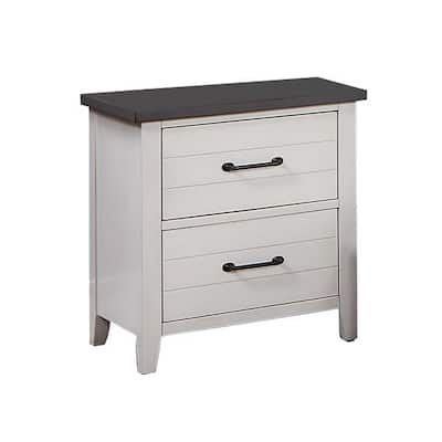 Akira 24 Inch Nightstand, 2 Drawers, White Solid Wood Frame and Gray Top
