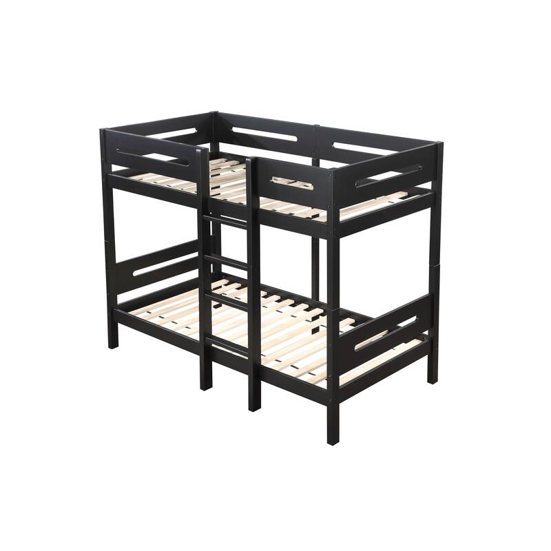 Black Twin over Twin Solid Wood Bunk Bed with Ladder & Fence