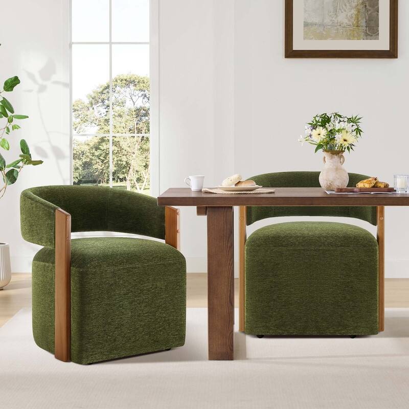 Spruce & Spring Nova Modern Upholstered Dining Chair with Casters & Wood Armrests - Set of 2 - Green