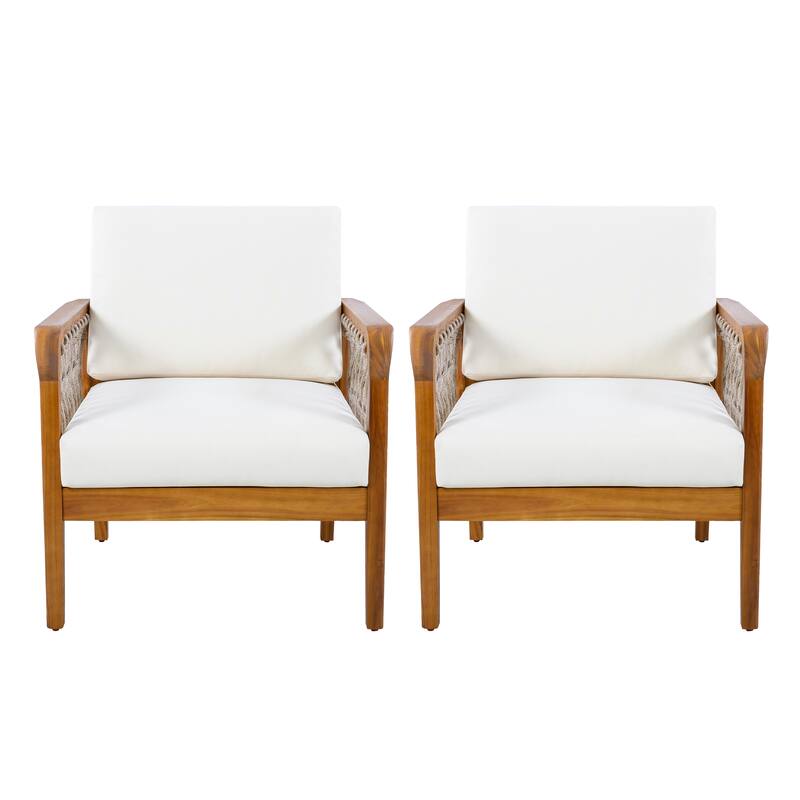 Christopher Knight Home - Outdoor Patio 28.94" Acacia Wood Club Chair with Handwoven Rope Panels and Cushions - Set of 2 - Cream,Oatmeal,Teak finish