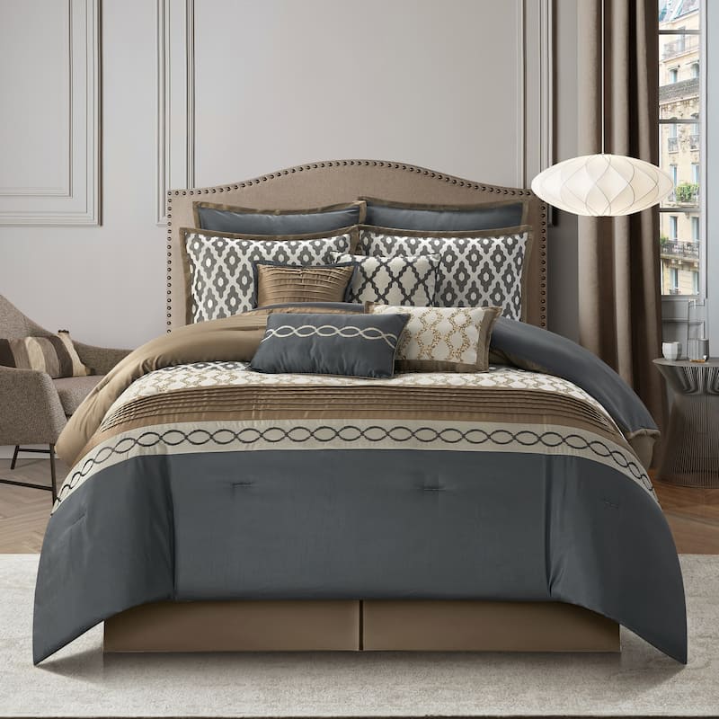 Nanshing Calvin Luxury10-Piece Geometric Comforter Set - Taupe/Grey - King