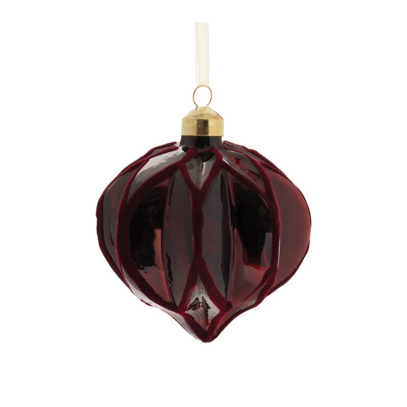 Set of 6 Red Velvet Glass Christmas Ornaments Ribbed Ball Onion Drop Shapes for Tree Decor - 3.5”L x 3.5”W x 4”H