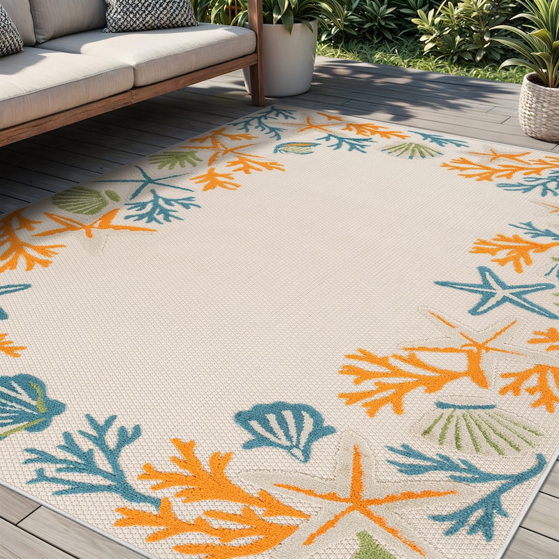 World Rug Gallery Indoor/Outdoor High-Low Textured Area Rug, Coastal Border Easy-Clean Patio Rug