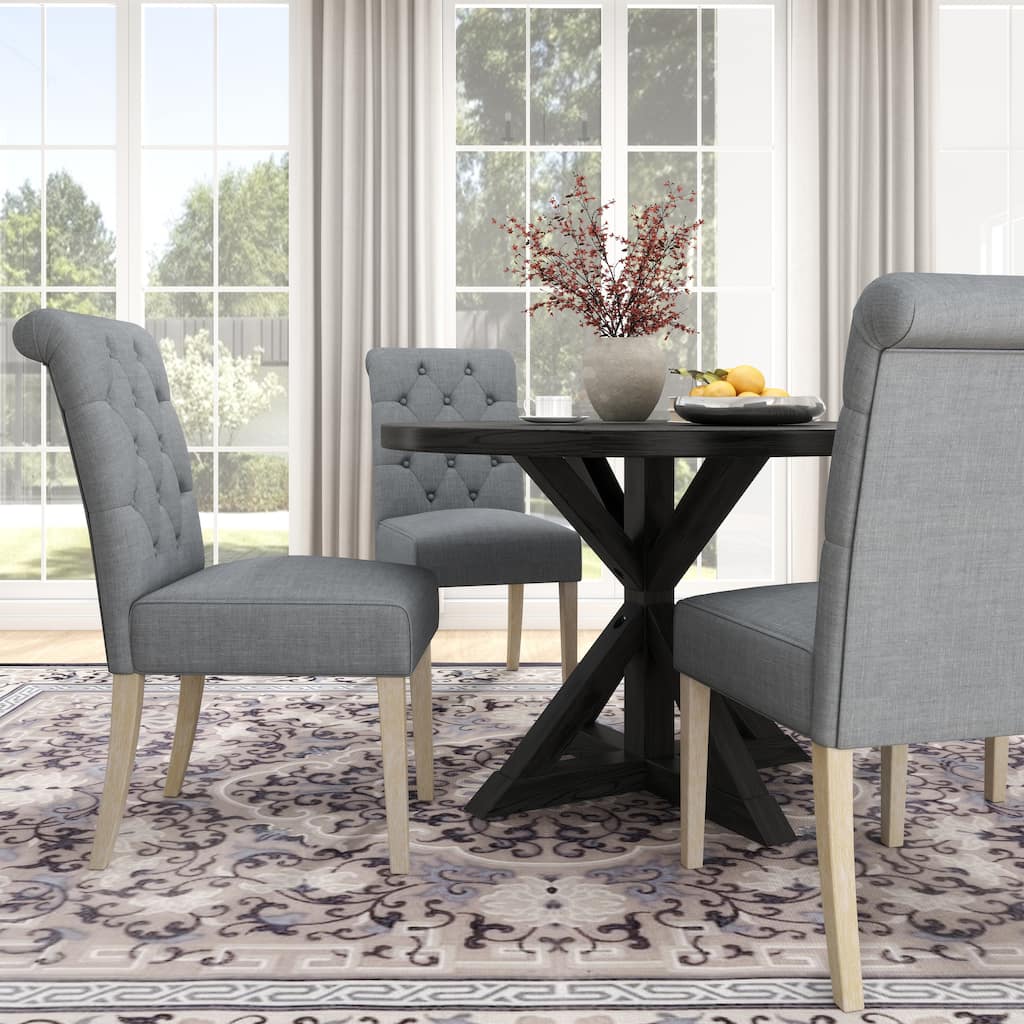 Button Tufted Upholstered Chairs, Black Gray Round Kitchen Table with Cross Pedestal, Practical Table and Chair Set