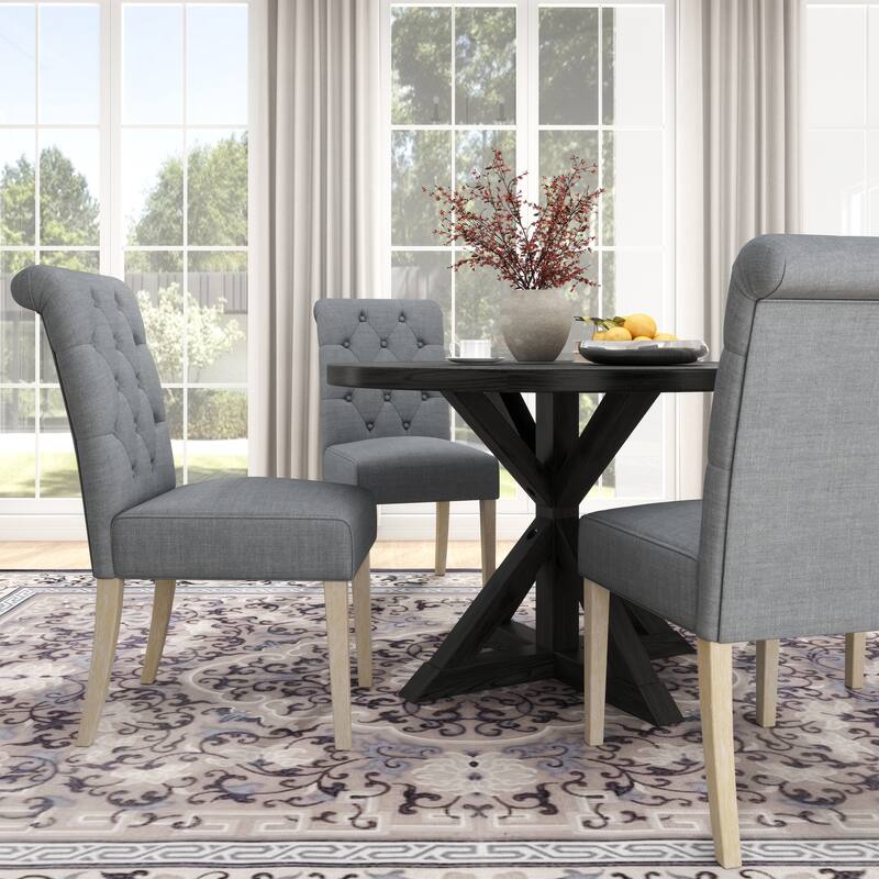 Contemporary 5-Piece Dining Set with Round Table and Button-Tufted Chairs - Solid Wood Construction for Lasting Durability