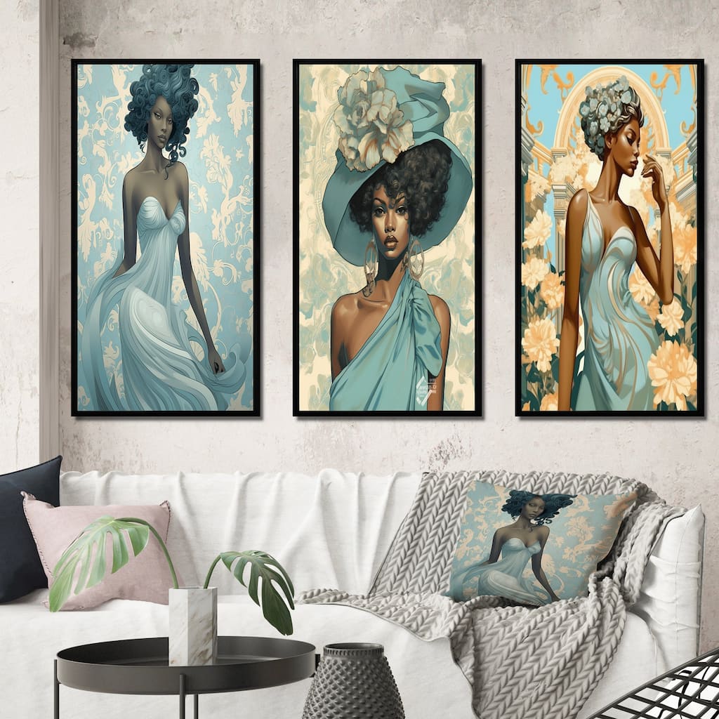 Designart "Gorgeous African American Retro Glam Beauty VII" African American Woman Framed Wall Art Set Of 3 Home Decor