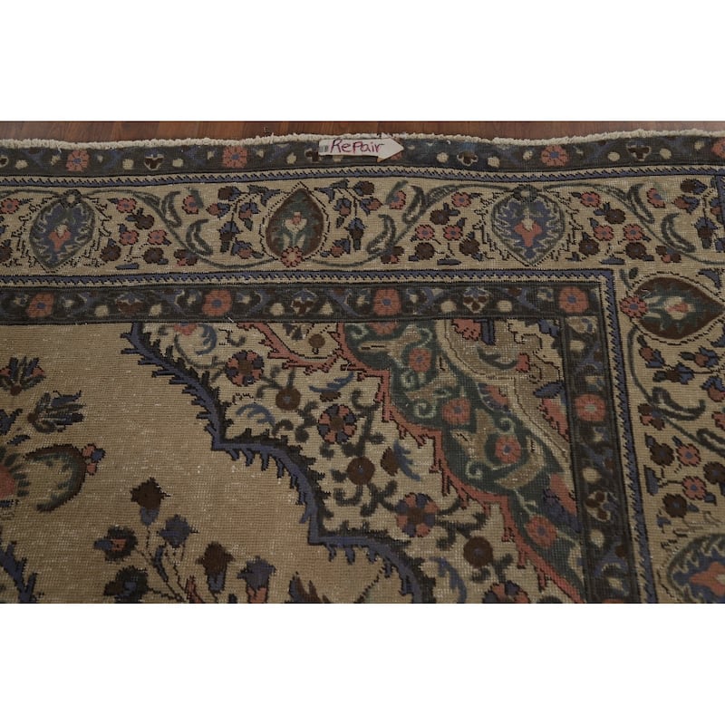 Tabriz Persian Vintage Rug Hand-Knotted Traditional Beige Wool Carpet - 7'8" x 11'2"