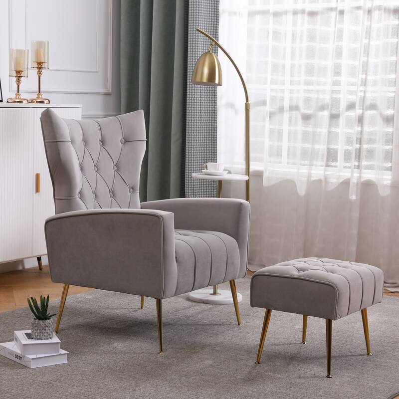 Modern Upholstered Accent Chair with Ottoman and Metal Legs for Living Space - Grey