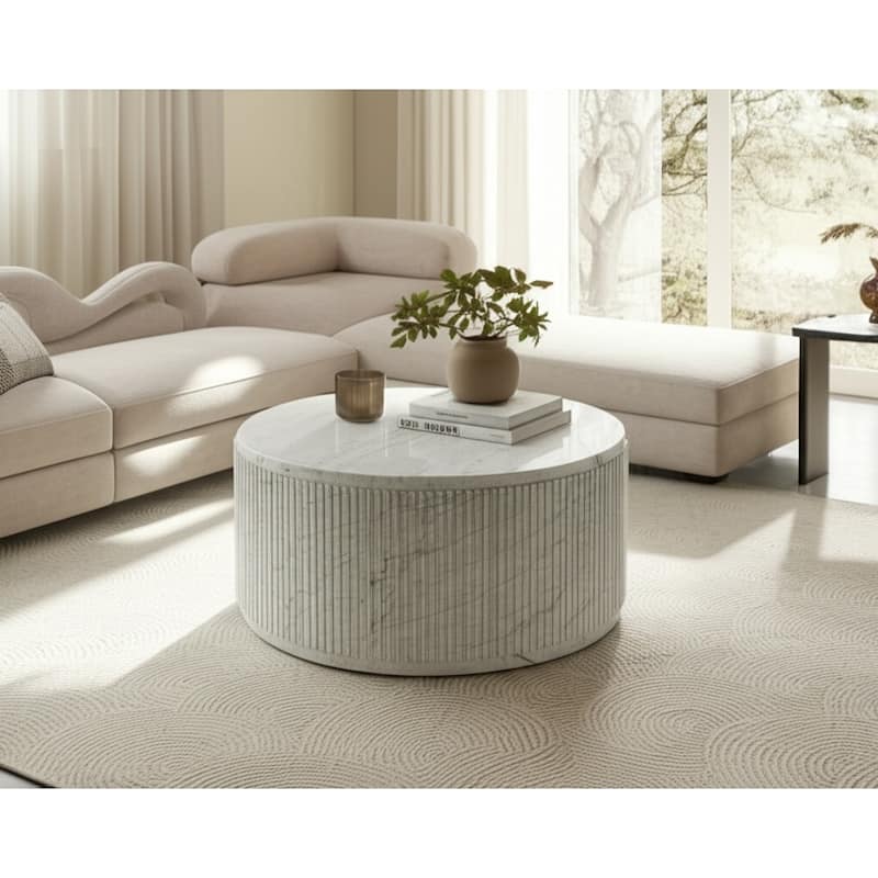 Marble Coffee Table Fluted Round Covered Outdoor Areas - 17" White - 36" x 36" x 17"