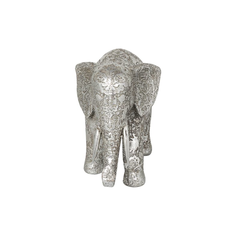 Silver Polystone Engraved Floral Elephant Decorative Sculpture