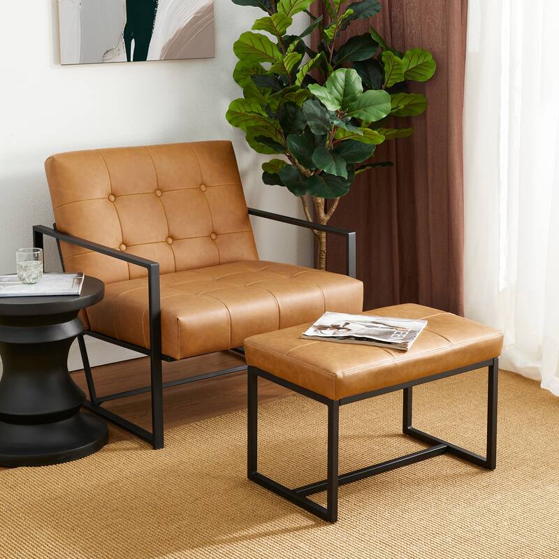 Glitzhome Set of 2 24"W Modern PU Leather Button-tufted Ottoman Foot stool