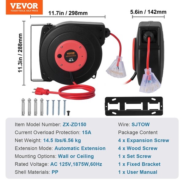 Retractable Extension Cord Reel, SJTOW Retractable Power Cord