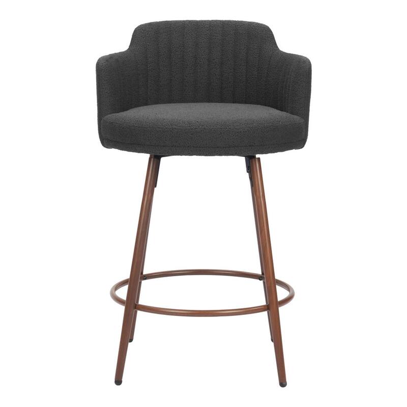 HomeRoots Set of Two 26" Black and Walnut Faux Shearling and Steel Counter Height Swivel Bar Chairs