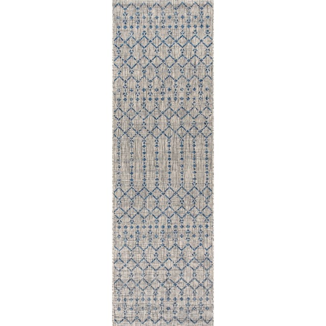 JONATHAN Y Trebol Moroccan Geometric Textured Weave Indoor/Outdoor Area Rug - 2 X 10 - Light Gray/Navy