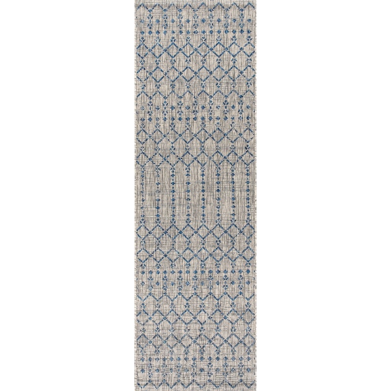 JONATHAN Y Trebol Moroccan Geometric Textured Weave Indoor/Outdoor Area Rug - 2 X 20 - Light Gray/Navy