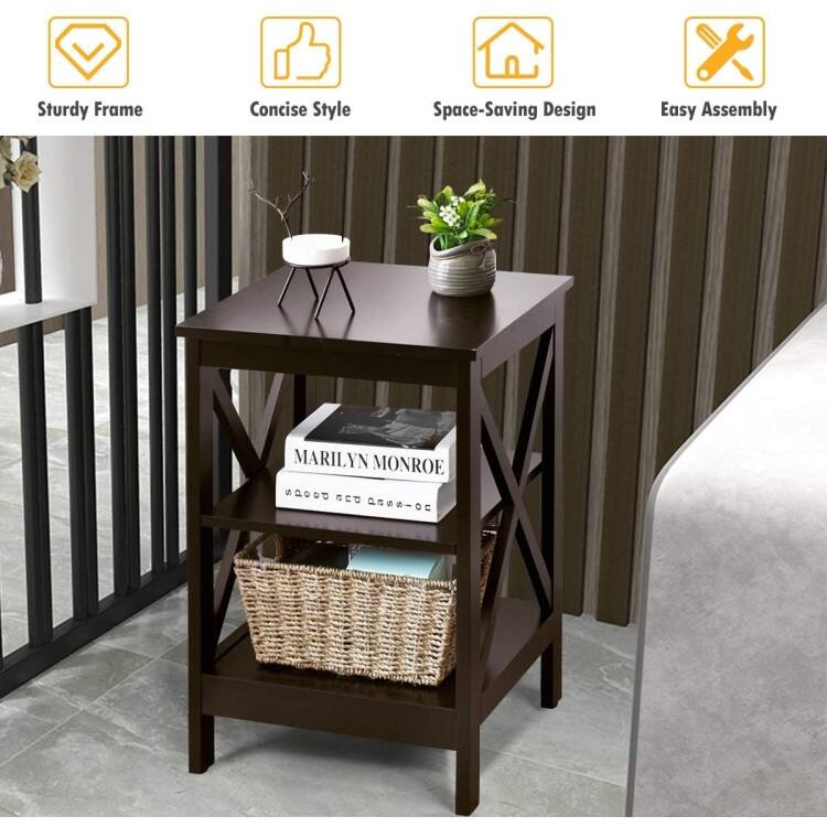 Nightstand 3-Tier X-Design with Storage Shelves