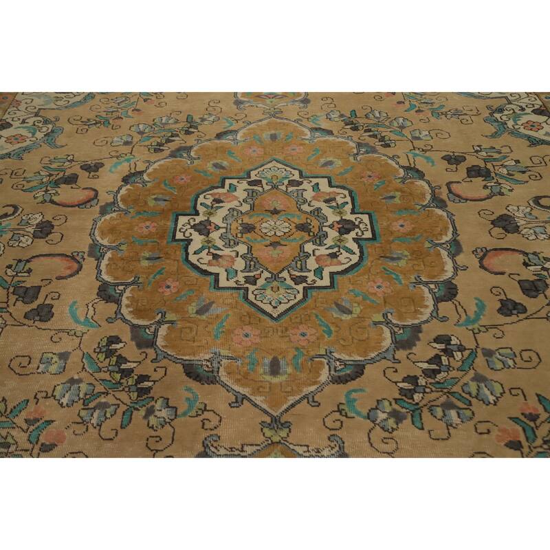 Hand Knotted Oriental 100% Wool Carpet Traditional Floral Brown Tabriz Area Rug - 12' 11'' X 9' 2''