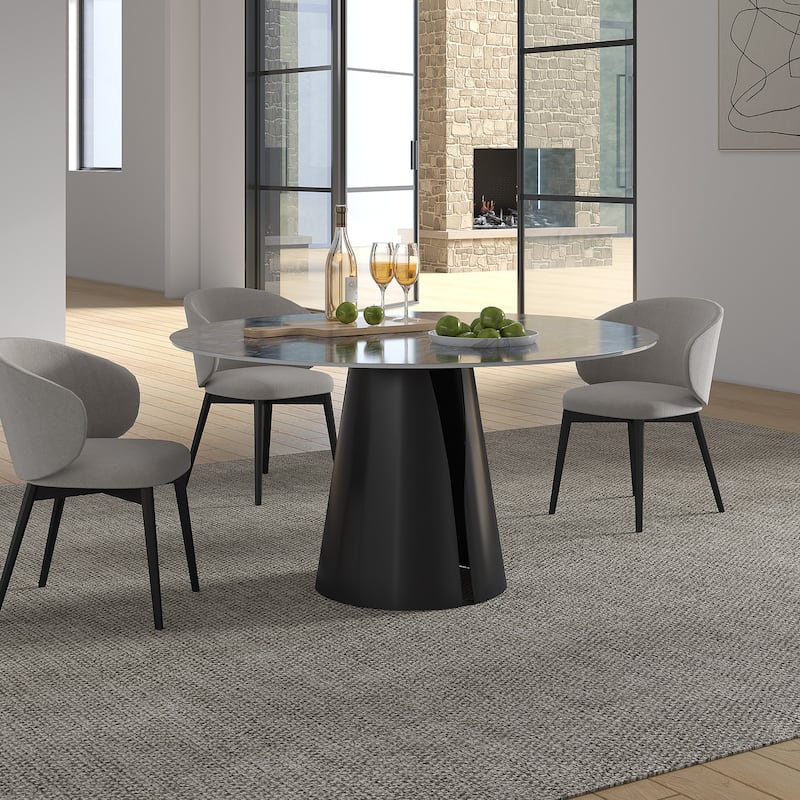 Modern Stone Table Top Carbon Steel Black Pedestal Base Dining Table