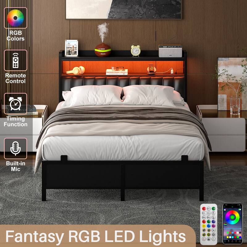 Platform Bed Frame with Upholstered Storage Headboard, Full/ Queen/ King Beds with Charge Station and LED Lights