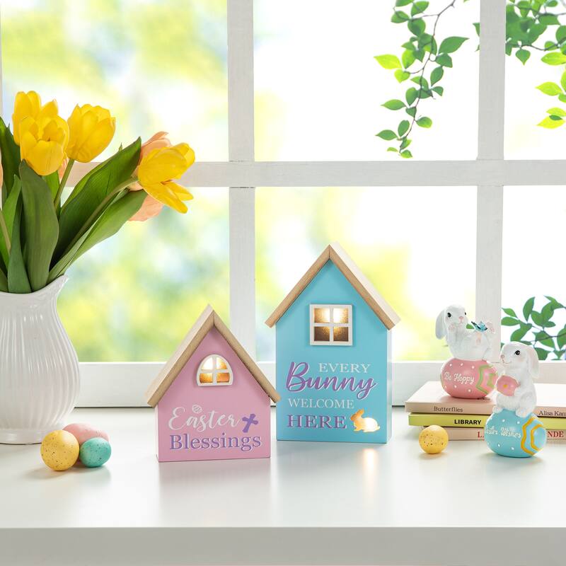 Glitzhome 6"/8"H Set of 2 Lighted Easter Wooden House-shaped Table Decor