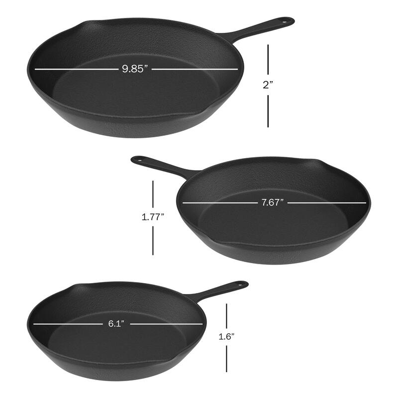 Frying Pans-Set of 3 Cast Iron Pre-Seasoned Nonstick Skillets by Home-Complete