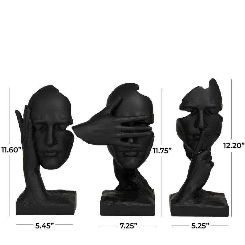 Polystone Face Sculpture - Set of 3 Black - Roche River Decor - 7"W x 7"L x 12"H