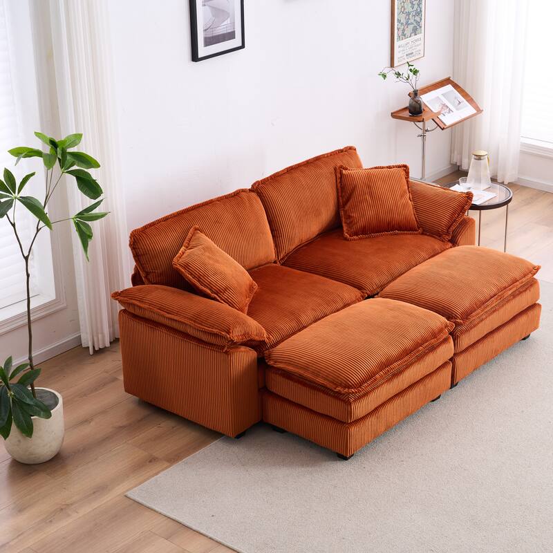 Corduroy Sleeper Sectional Sofa, Loveseat & Ottomans Chaise Lounge Set - Orange