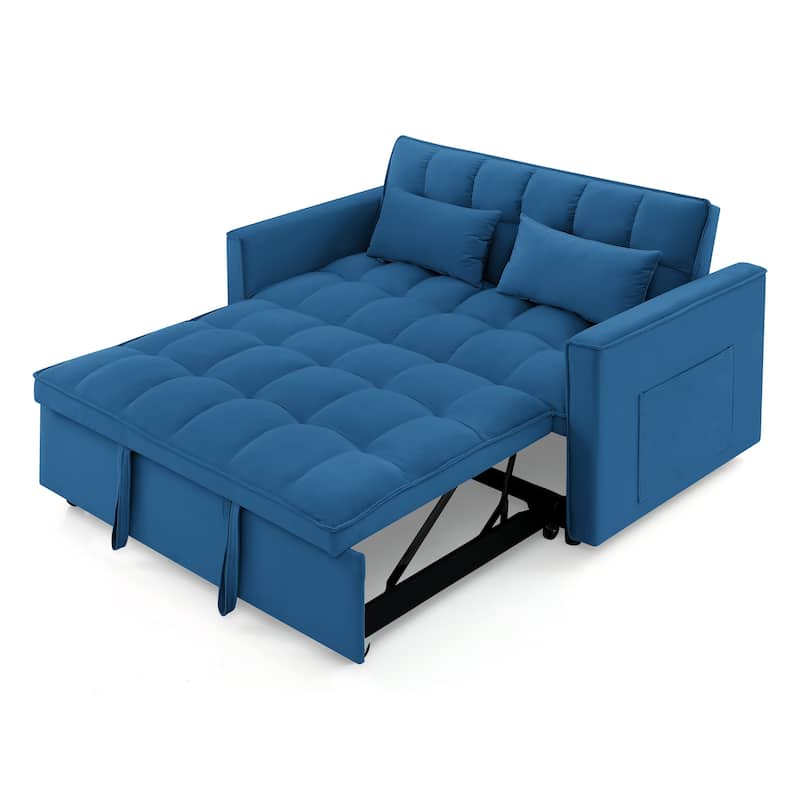 54.33 inch versatile foldable sofa bed in 3 lengths, velvet pull-out bed, adjustable back (Antique Blue)