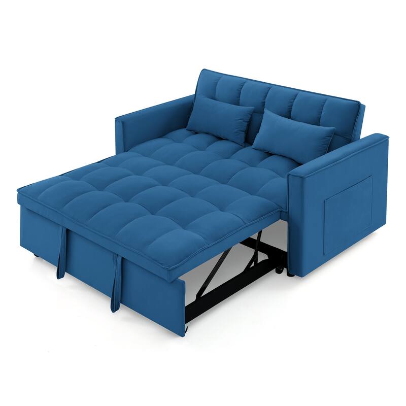 Velvet Foldable Sofa Bed, 3 In 1 Convertible Sofa Bed, Pull Out Couch Bed with Adjustable Backrest, Side Pockets & 2 Pillows