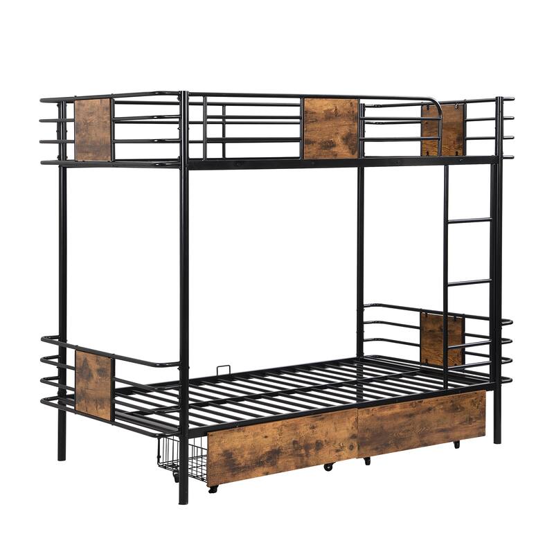 Industrial Twin XL Metal Bunk Bed with Guardrail, Storage Drawers, and Ladder