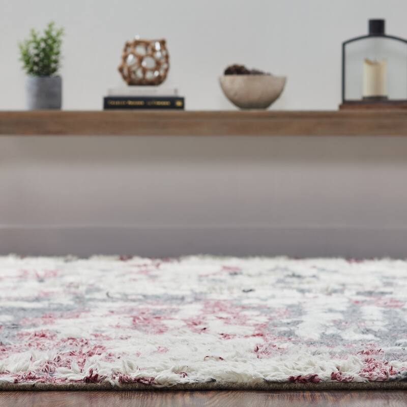 Abstract Tribal Shag Pink/Grey Area Rug