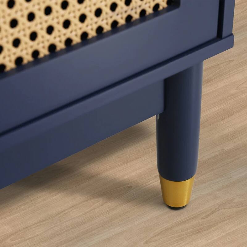 Blue Storage Cabinet with Rattan Doors and Adjustable Shelves