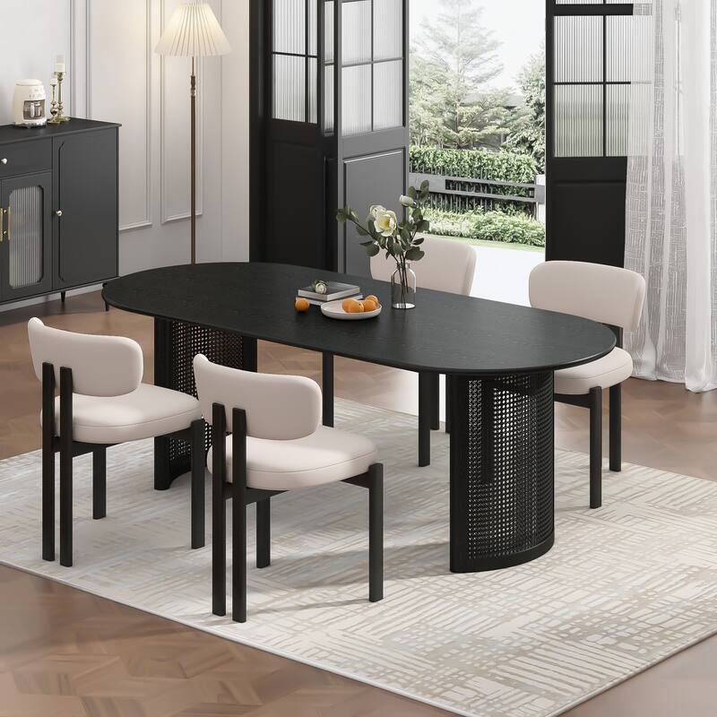 Oval Dining Table with Arc-Shaped Edge Top and Rattan Woven Base Modern Farmhouse Kitchen Table for Living Room Dining Room