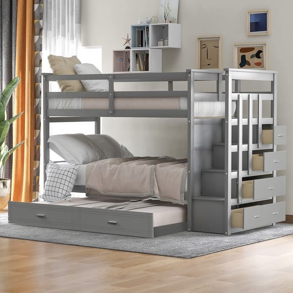 slide 2 of 27, Solid Hardwood Twin Over Twin Bunk Bed with Trundle and Storage Staircase Grey