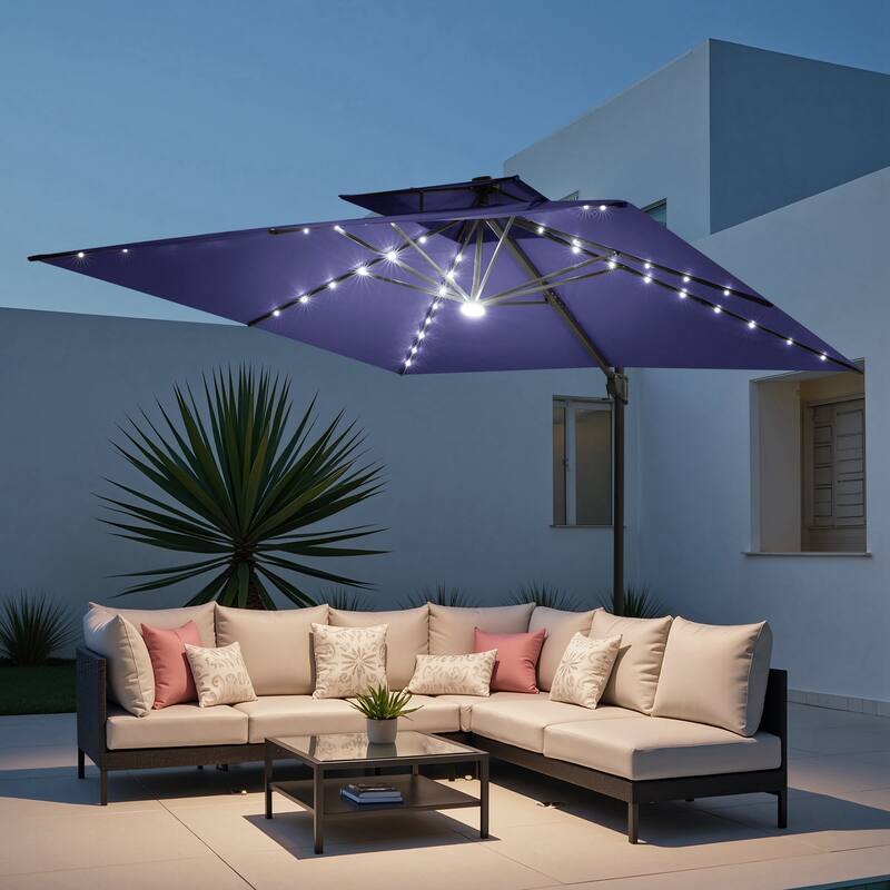 11 FT Square Outdoor Double Top Solar Powered LED Patio Cantilever Umbrella