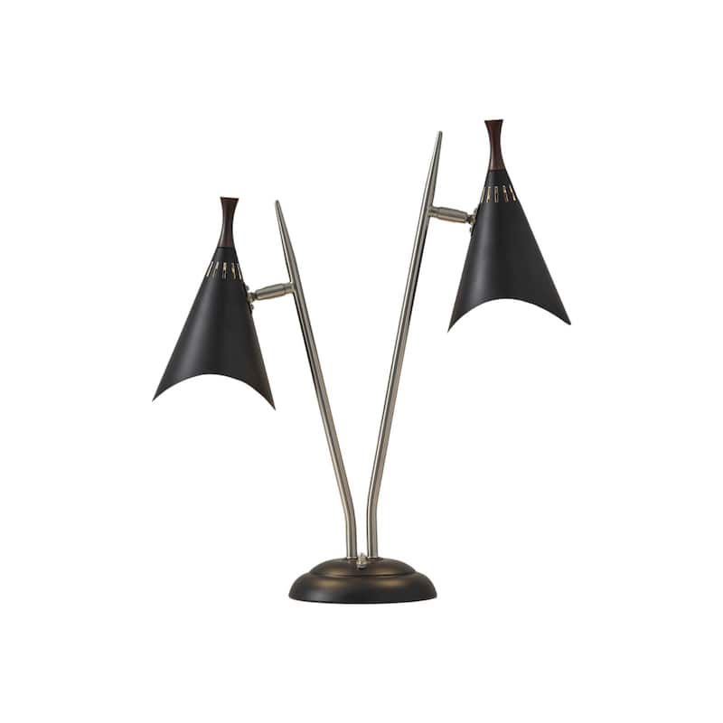 HomeRoots 22" Black and Silver Metal Two Light Desk Lamp With Black Cone Shades