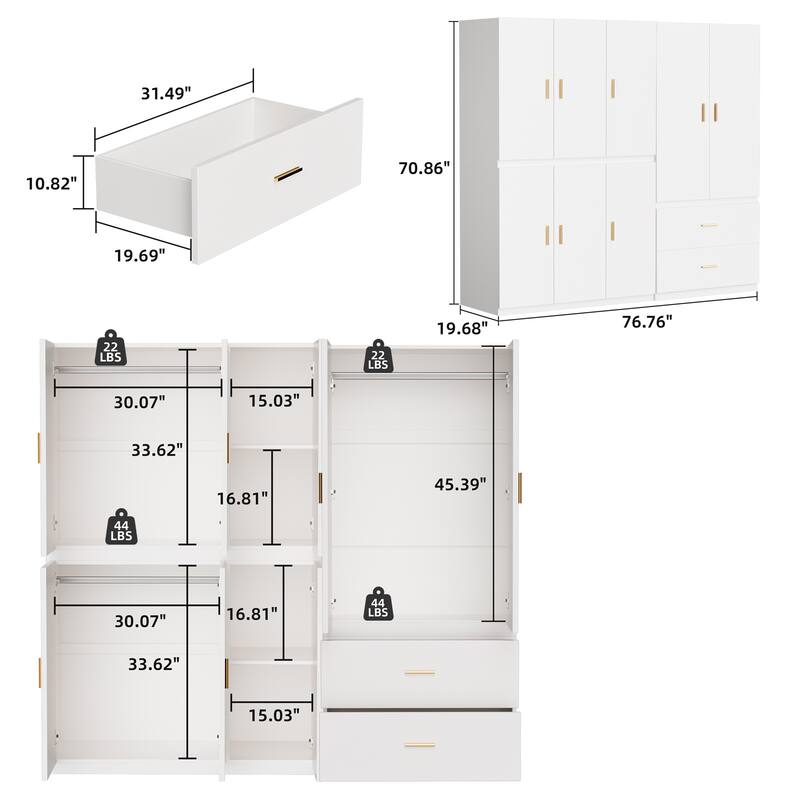 Meyreso White Minimalist Modular Wardrobe Closet with Drawers, Convertible Stacking Armoire - N/A