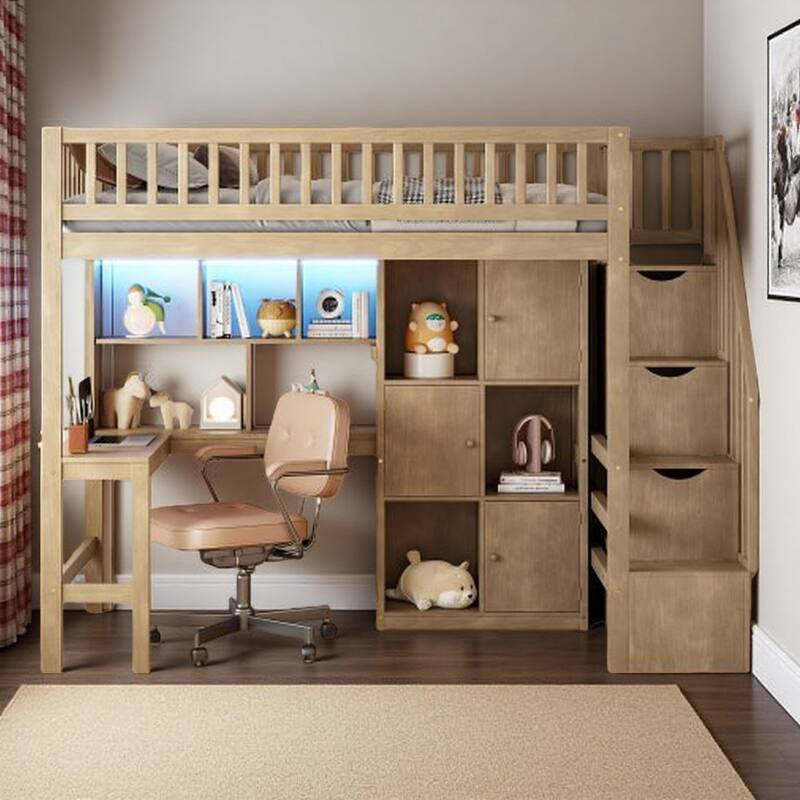 Twin Loft Bed in Walnut with Integrated L-Shaped Desk, LED Lighting, Multi-Tier Storage Shelves, Cabinets, and Staircase - Walnut
