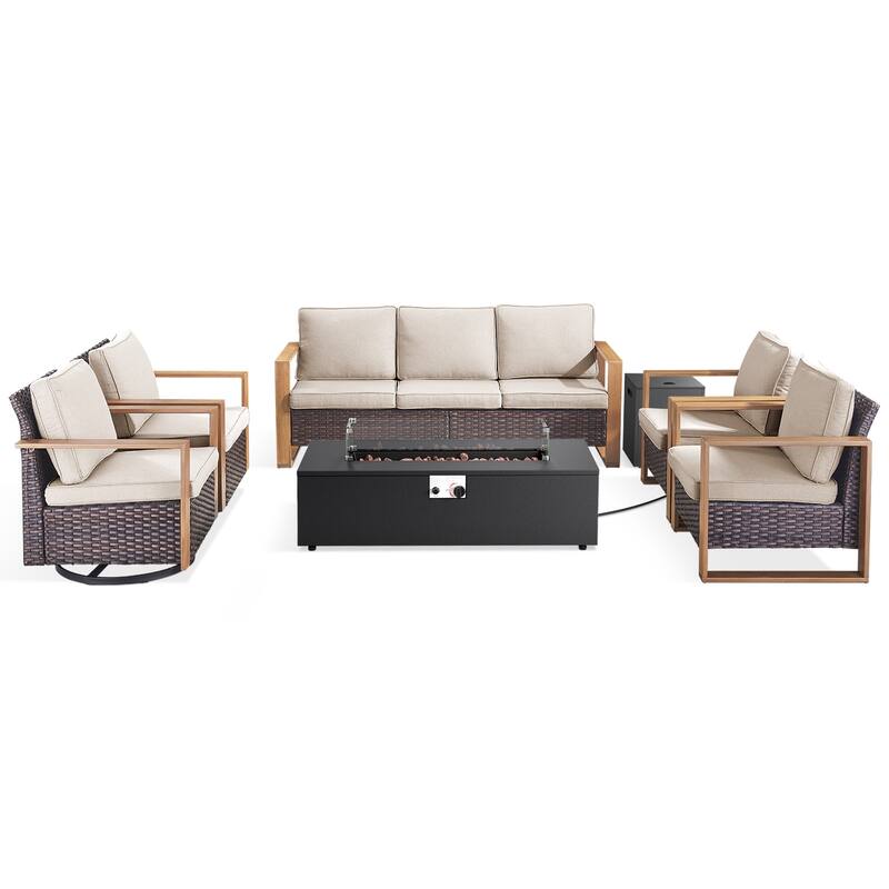 Meyreso Wicker Outdoor Patio Fire Pit Set with Swivel Gliders and 4.5-Inch Olefin Cushions