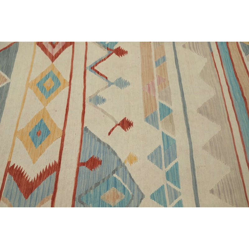 Hand Woven Oriental 100% Wool Carpet Southwestern Tribal Beige & Ivories Kilim Area Rug - 9' 11'' X 6' 7''