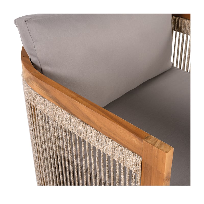 Premium Acacia Wood Outdoor Club Chair, Curved Tub Design with Woven Rope Accents,Water-Resistant Cushions