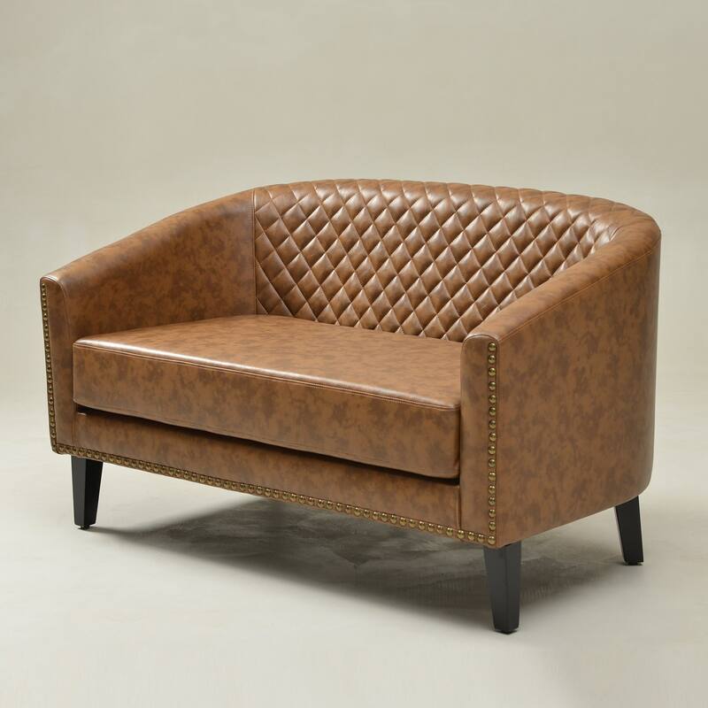 KINWELL 50"W Tufted Faux Leather Upholstered Small Loveseat Sofa - Coffee