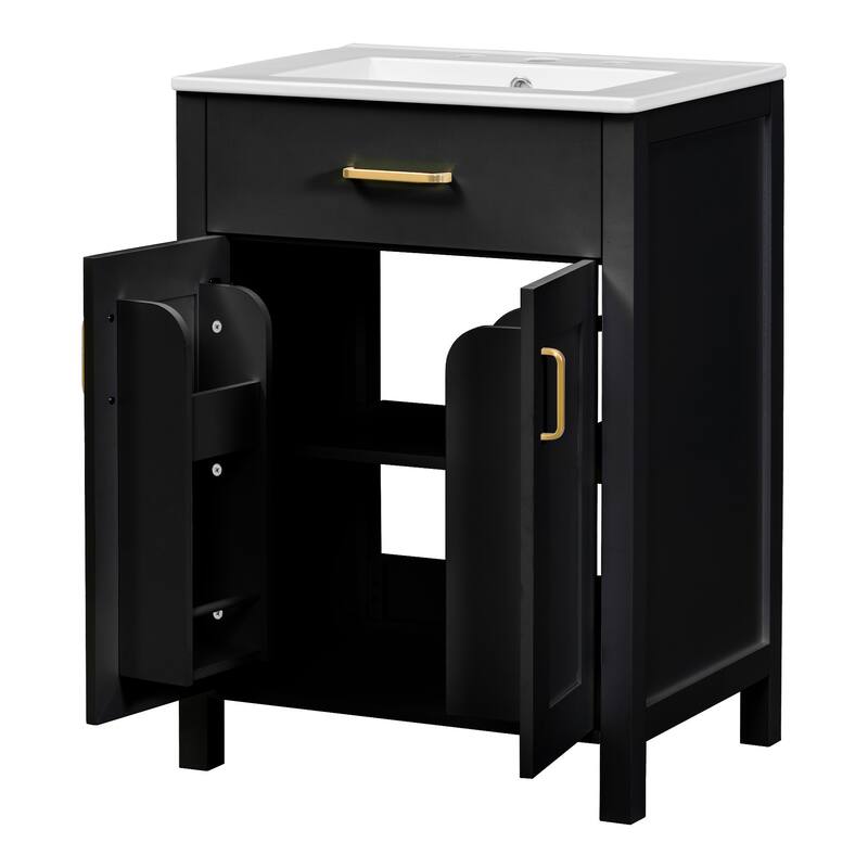 Luxurious 24-Inch Bathroom Vanity with Undermount Ceramic Sink, MDF Cabinet, Golden Handles & Adjustable Shelf