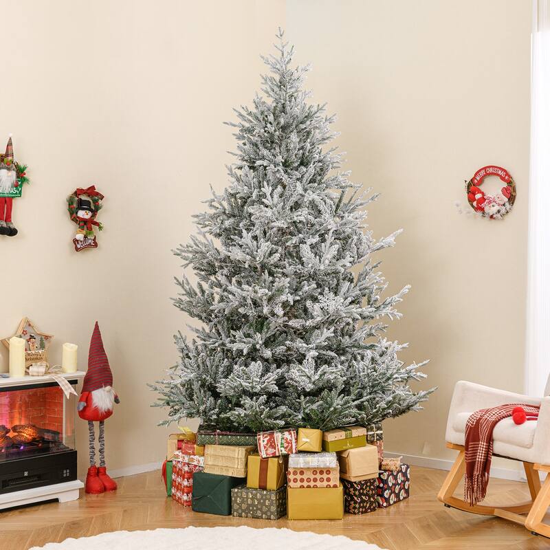 Costway 6/7/8 FT Artificial Christmas Tree with 762/1074/1470 Flocked - See Details - White & Green