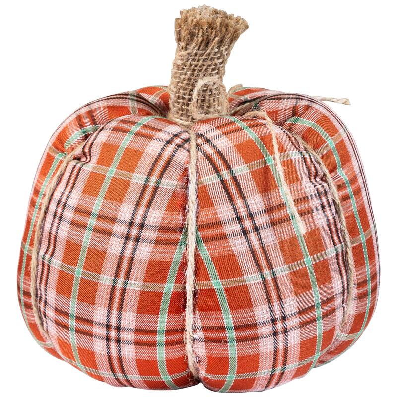 Plush Ribbed Plaid Fall Harvest Pumpkin - 8" - Orange and Green