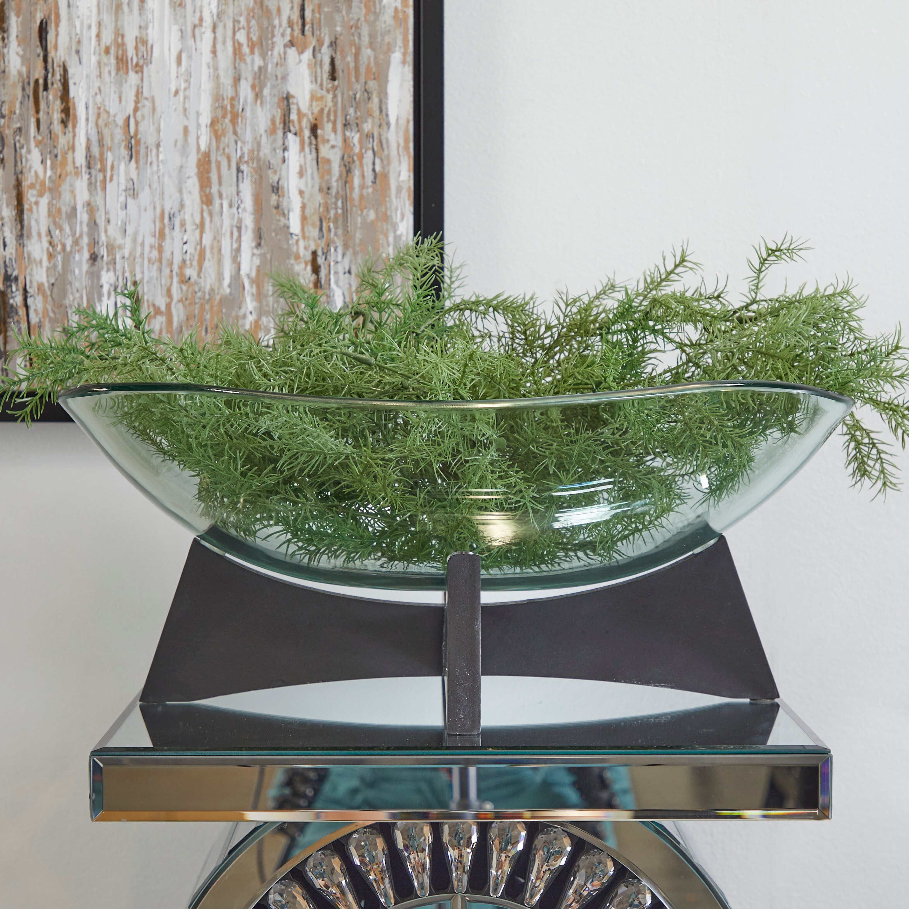 Glass serving bowl with wood stand clearance