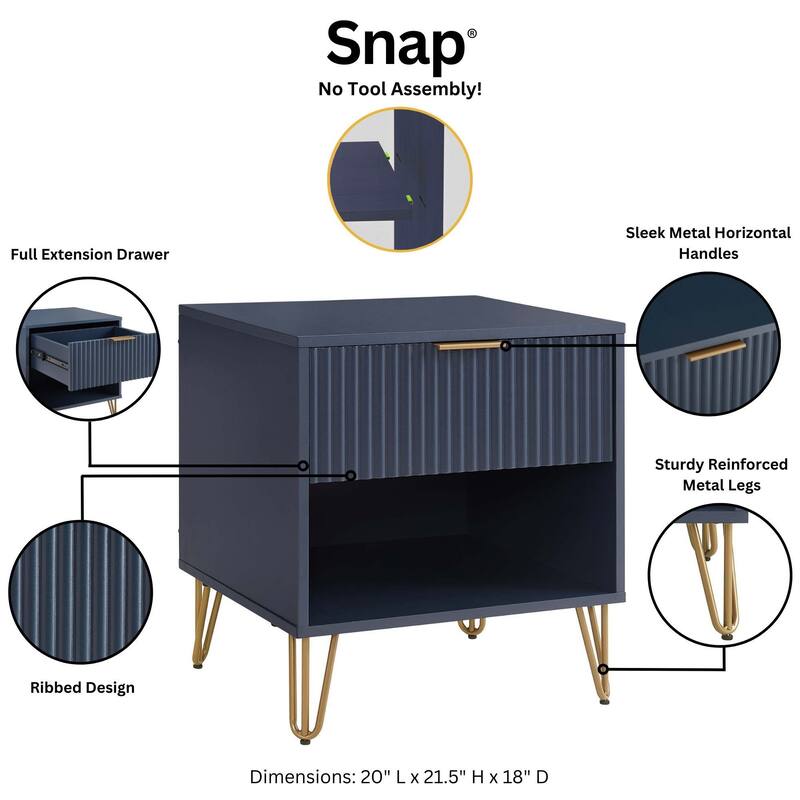 Midnight Blue Fluted Nightstand with Gold Metal Handles